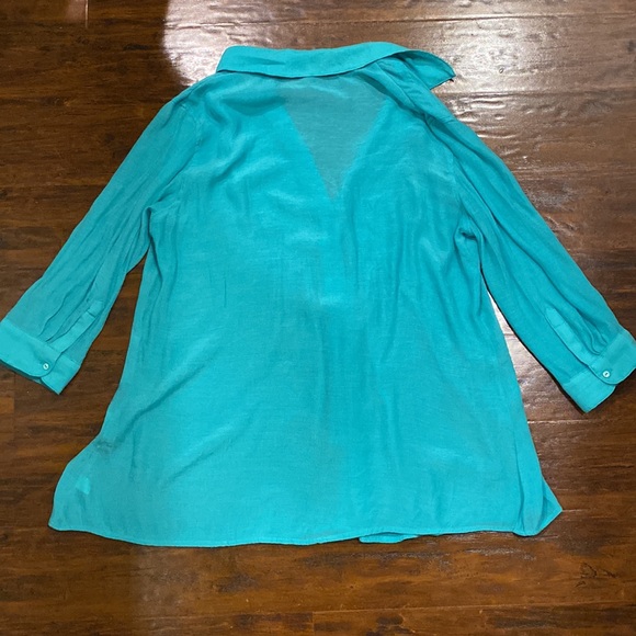 Alfani Turquoise Pleated Collared Button Down Blouse w/Quarter Sleeve Sz L - Picture 7 of 7